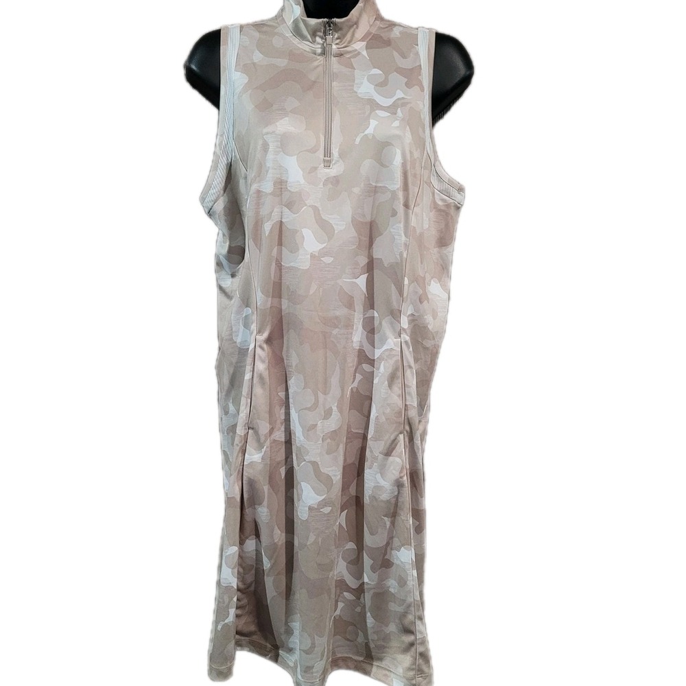 PGA Tour Athletic Dress Size M Beige Camo Sleeveless 1/4 Zip Pockets Tennis Golf